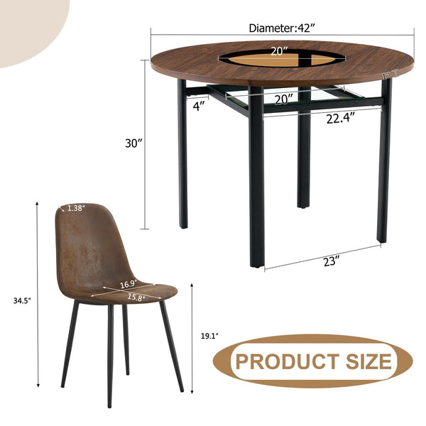 English Elm Table Set Modern Round 42 Inch Wood Grain Glass Inset with 4 Fabric Chairs for Dining W1151S04477