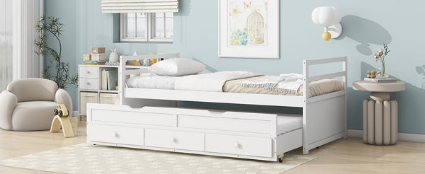 English Elm Twin Twin Size Bed with Trundle and Three Storage Drawers, Space-Saving Pine Frame with Classic Headboard White W504P197162