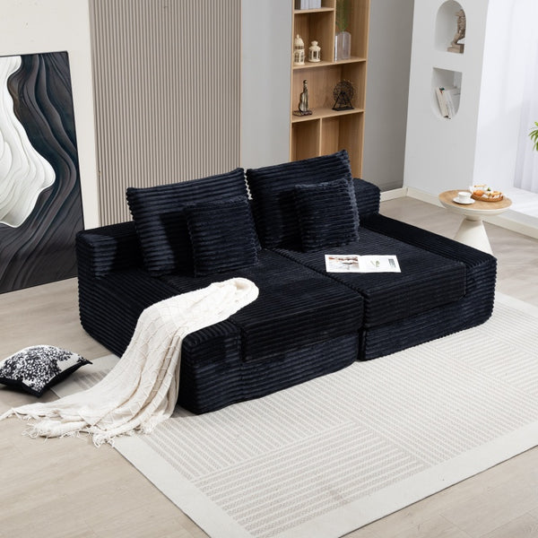 English Elm Double Cloud Plush Chaise Lounge Sofa Bed with Deep Seat, No Assembly, Ultra-Soft Corduroy Comfort Black W794S00004