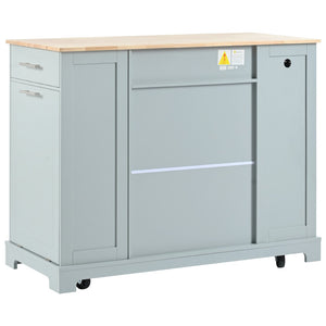 English Elm K&k Rolling Kitchen Island Rubber Wood Top Fluted Cabinet Built-in Charging Station Grey+Blue N707S221571G