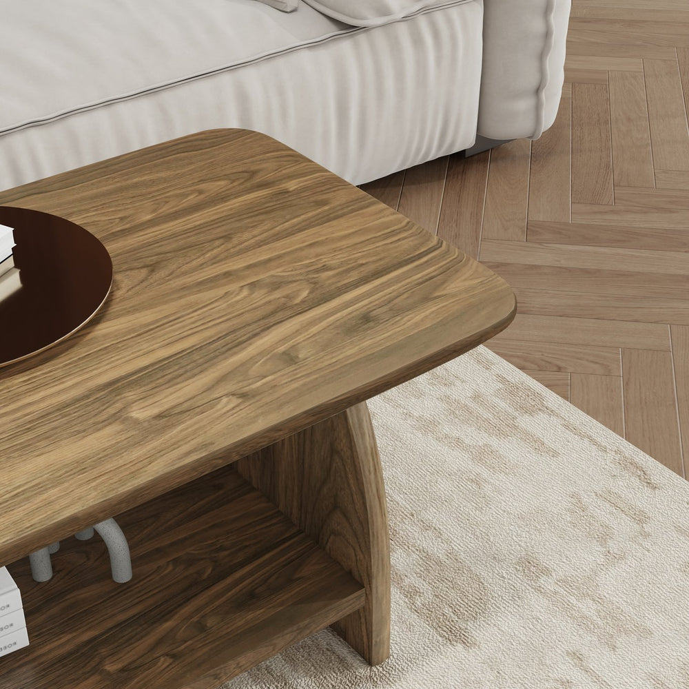 English Elm 47 inch modern coffee table with double-layer storage, rounded corners, MDF wood finish, sturdy stylish centerpiece W1727P356434