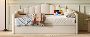 English Elm Upholstered Twin Daybed with Pop up Trundle Velvet Frame and Built in Usb Charging Beige N733S410648A