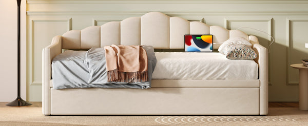 English Elm Upholstered Twin Daybed with Pop up Trundle Velvet Frame and Built in Usb Charging Beige N733S410648A