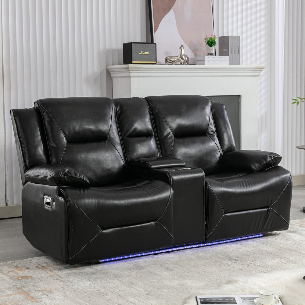 English Elm 2 Seater Home Theater Recliner with LED Light Strip, Dual Cup Holders & Hidden Storage Box, Comfortable Manual Reclining Seating for Living Room Black WF323622AAB