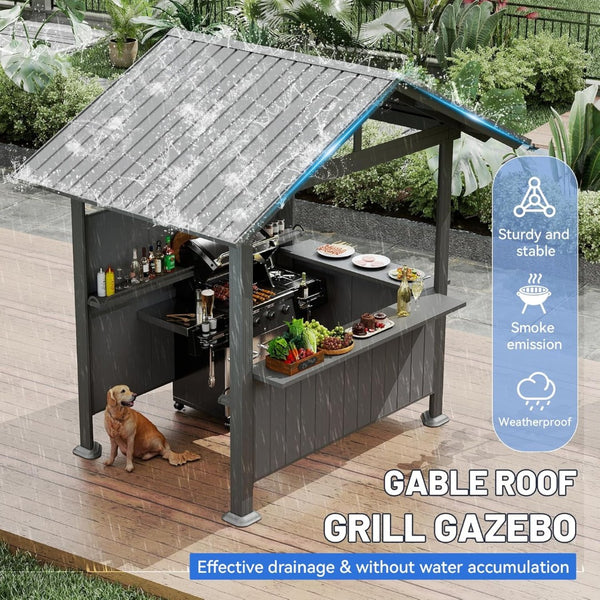 English Elm 9.4x6.2 Ft Hardtop Grill Gazebo Galvanized Steel Gable Roof with Shelves Patio Backyard Gray W1859S00207