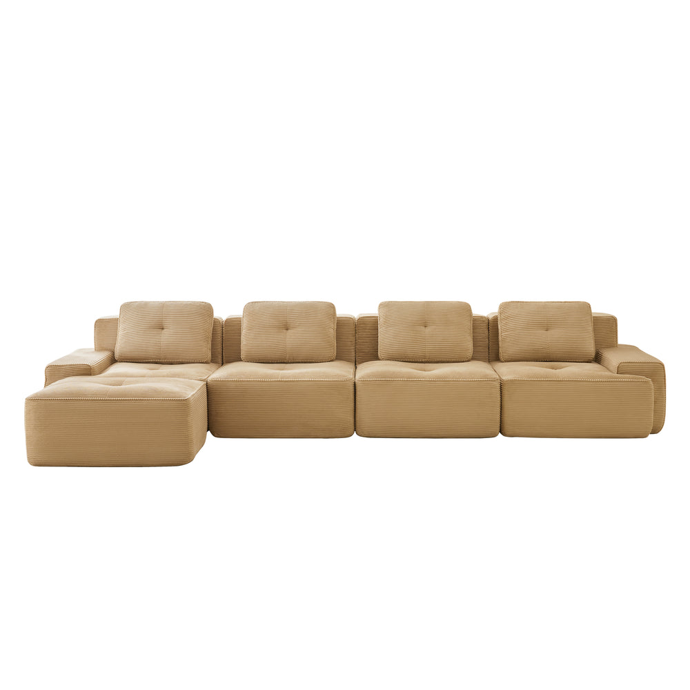 English Elm 153" Modern L-Shaped Sectional Sofa In Camel Corduroy With Movable Ottoman & Tufted Comfort Design W714S01472