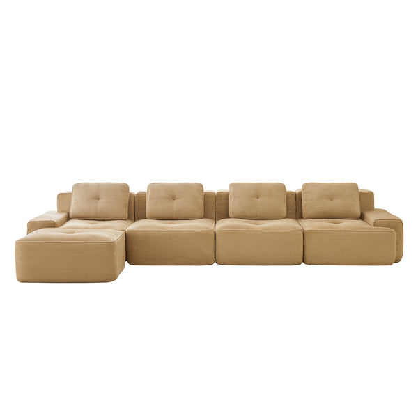 English Elm 153" Modern L-Shaped Sectional Sofa In Camel Corduroy With Movable Ottoman & Tufted Comfort Design W714S01472