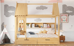 English Elm Full House Solid Wood Platform Bed with Window Roof, Under-Bed Drawers & Shelves for Kids' Rooms Natural W1580S00268