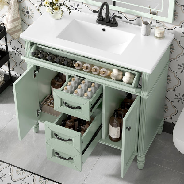 English Elm 36 Inch Bathroom Vanity with Ceramic Sink, Durable MDF & Solid Wood Frame, Soft-Close Doors, Luxe Handles, Ample Organized Storage, Modern Freestanding Design Green N725P314034F