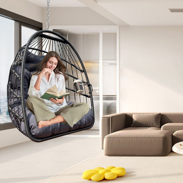 English Elm Swing Hammock Egg Chair with Wood-Grain Alloy Frame, UV-Resistant Rattan, Foldable 350lb Capacity Black W2707P184373