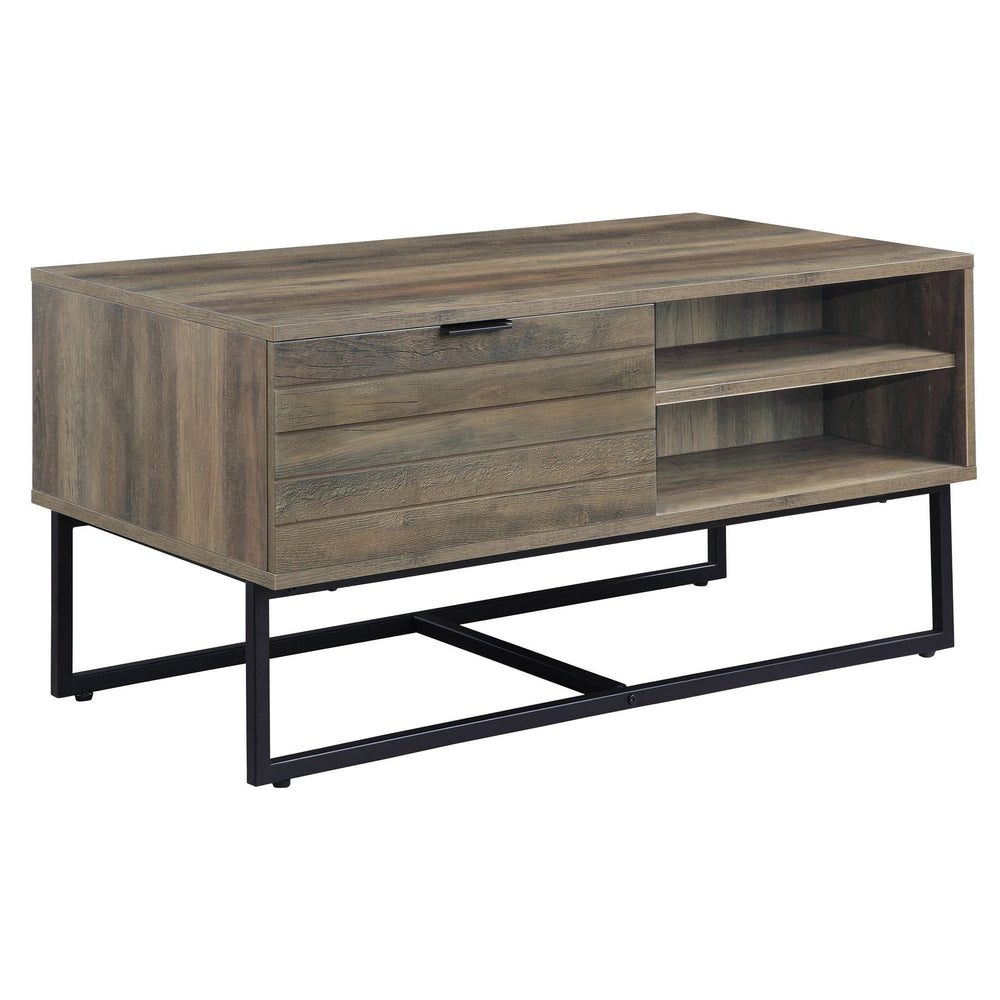 English Elm Rustic Oak and Black Coffee Table with Self-Close Cabinet, Open Shelves, Metal Leg, Clutter-Free Design B062P185649
