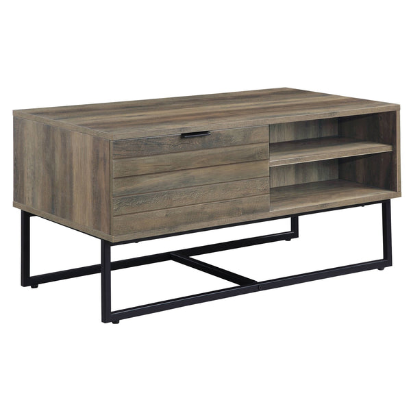 English Elm Rustic Oak and Black Coffee Table with Self-Close Cabinet, Open Shelves, Metal Leg, Clutter-Free Design B062P185649