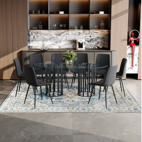 English Elm Table and Chair Set Oval Glass Top Seats 8 Luxe Black Metal Base Dining Room W1151S04749