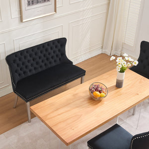 English Elm Velvet Double Dining Loveseat Bench - Chic Mid-Century Modern Velvet Seating For Two, Black W1143P362521-GIGA