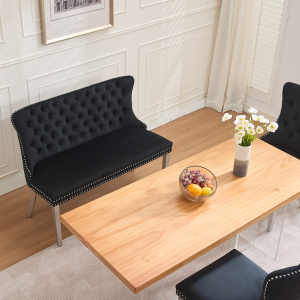 English Elm Velvet Double Dining Loveseat Bench - Chic Mid-Century Modern Velvet Seating For Two, Black W1143P362521-GIGA