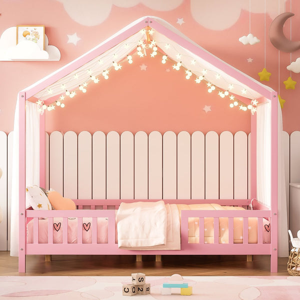 English Elm Montessori House Bed Frame Twin with Canopy & Full Guardrails, Cozy Kids Platform Bed for Toddlers Pink 77.8 L x 17.25 W x 7 H N733P356048H