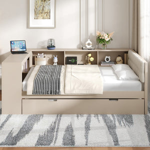 English Elm Wood Twin Platform Bed Linen Headboard Storage Shelves Trundle Charging Station Cream N709P004024C