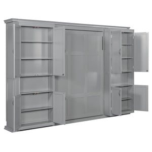 English Elm Full-size Murphy Wall Bed with Sliding Cabinets and Twelve Open Shelves for Studios Gray LP000919AAE