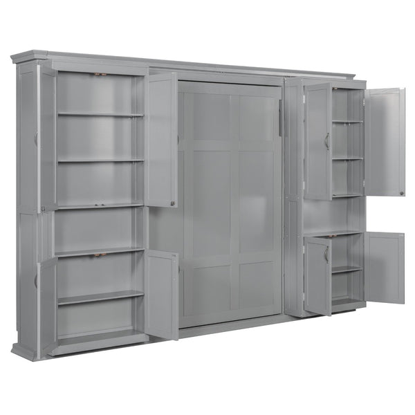 English Elm Full-size Murphy Wall Bed with Sliding Cabinets and Twelve Open Shelves for Studios Gray LP000919AAE