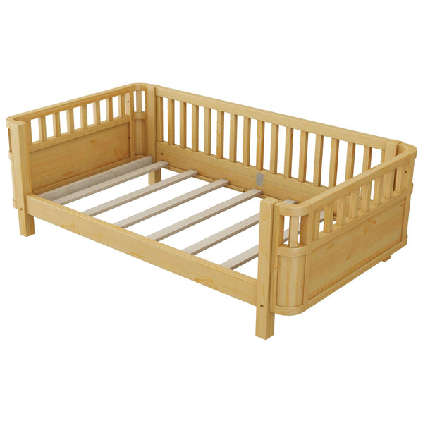 English Elm Twin Solid Pine Platform Bed with Guardrail for Kids, Low-Profile Twin Frame Durable 250LB Capacity W2593P367051