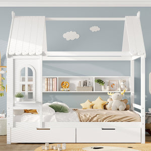 English Elm Full House Solid Wood Platform Bed with Window Roof, Under-Bed Drawers & Shelves for Kids' Rooms Light White W1580S00267