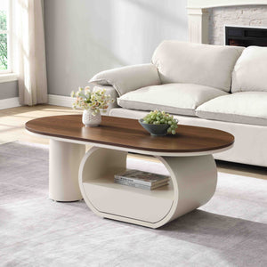English Elm Luxury Oval Coffee Table with Drawer 47.24" — Sturdy White Metal Frame, Adjustable Feet, 110lb Capacity W821S00032