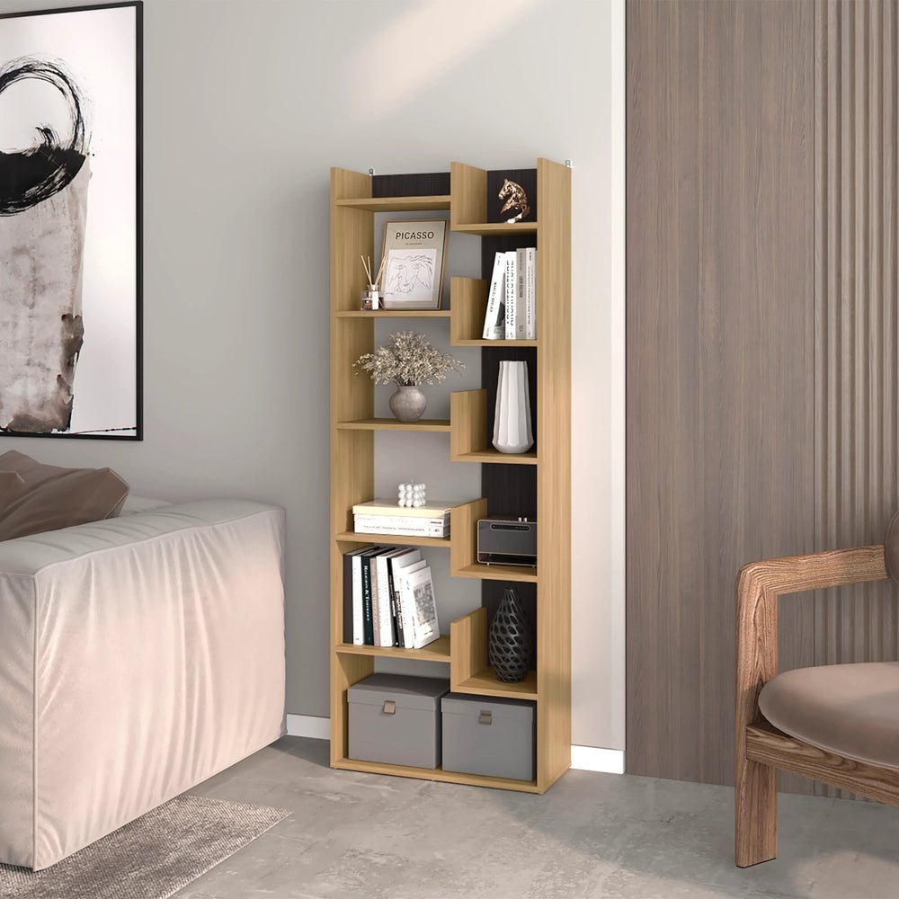 English Elm White Natural Oak Bookcase with 10 Open Shelves, Slim Rectangular Design for Stylish Storage and Display B062P290269