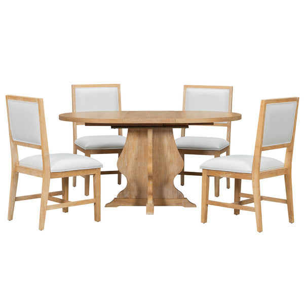 English Elm TREXM Extendable Farmhouse Dining Set with 4 Upholstered Chairs, Solid Rubberwood Frame, Durable Finish Natural Wood Wash ST000150AAD