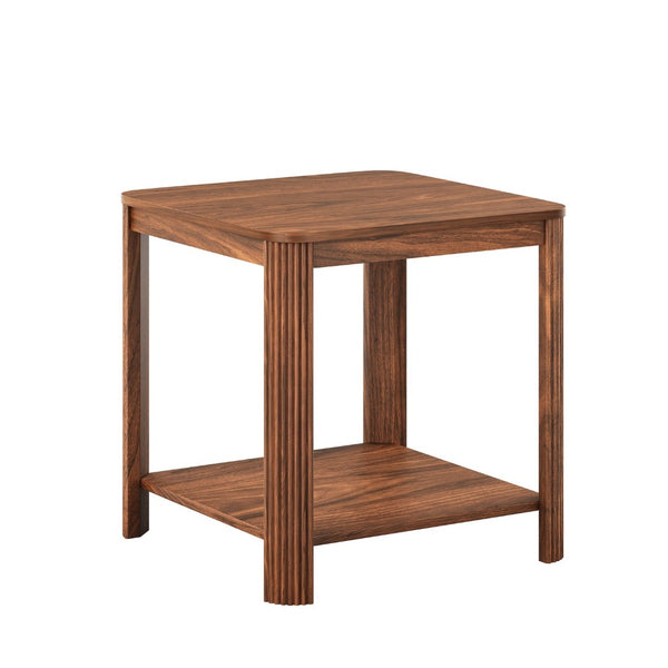 English Elm Rounded Square End Tables Set of 2 Boho Walnut with Wave Legs and Open Shelf W5563P449958