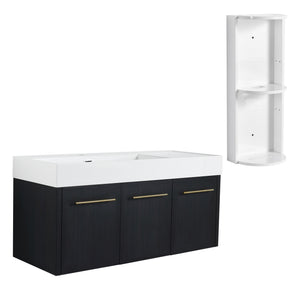 English Elm 48 Inch Wall-Mounted Bathroom Vanity Set With Left Basin Sink, Storage Rack & Soft-Close Hinges W999S00371