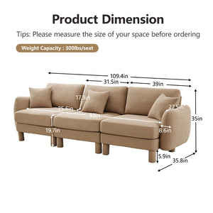 English Elm Boucle 3-Seater Sofa With Sculptural Shell Armrests, Plush Coffee Fabric, And Modern Cylindrical Legs W3041S00284