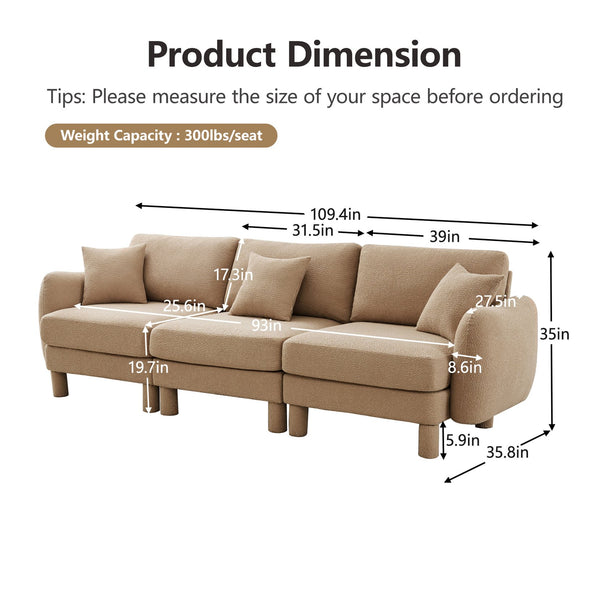 English Elm Boucle 3-Seater Sofa With Sculptural Shell Armrests, Plush Coffee Fabric, And Modern Cylindrical Legs W3041S00284