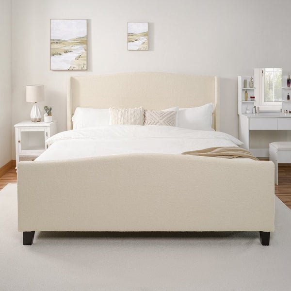 English Elm King Teddy Velvet Platform Bed Tall Upholstered Headboard Solid Wood Legs Modern W1716P335672