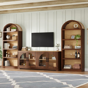English Elm 3-piece Farmhouse Entertainment Center with Arched Glass Doors and Open Tower Shelving Walnut N721S000070P