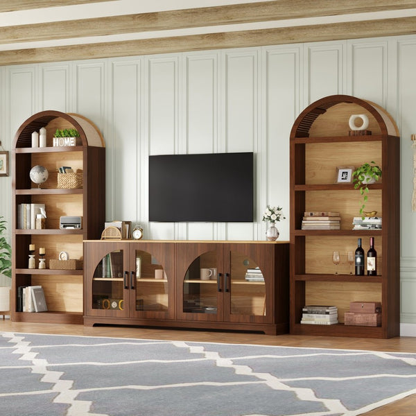 English Elm 3-piece Farmhouse Entertainment Center with Arched Glass Doors and Open Tower Shelving Walnut N721S000070P