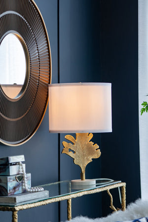 English Elm D13x22.2" Gold and White Table Lamp with Marble Pedestal and Leaf Silhouette, White Drum Shade W2078P360487