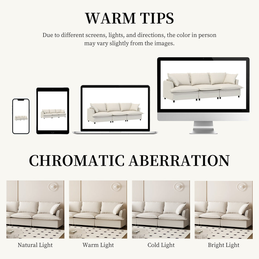 English Elm [New+Video] 3 Seat Modular Sofa 94"x35" Chenille Cloud Couch with Skirted Design, Petal Arms, Pillows Beige N723S4059A