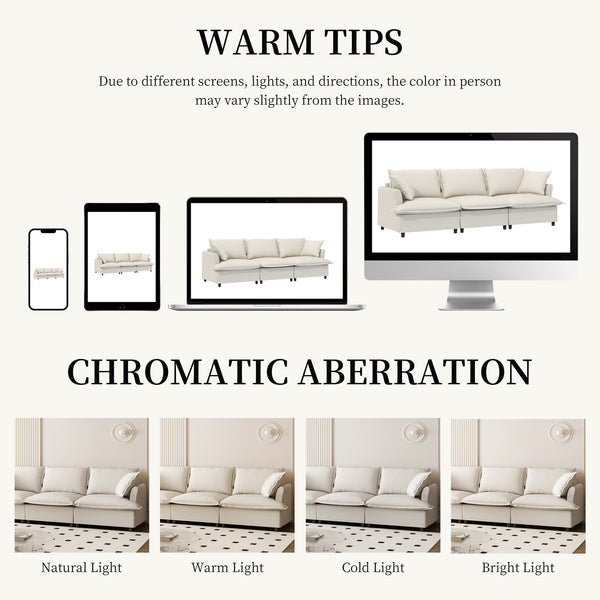 English Elm [New+Video] 3 Seat Modular Sofa 94"x35" Chenille Cloud Couch with Skirted Design, Petal Arms, Pillows Beige N723S4059A