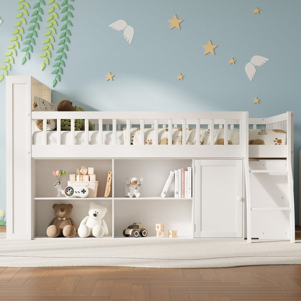 English Elm Queen Loft Bed with Open Shelving Built-in Led Light White Wood Frame N7090005025K