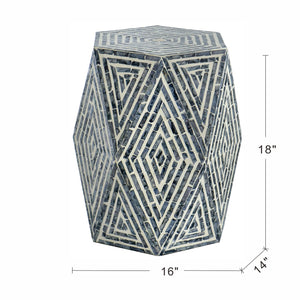 English Elm 16x14x18" Hexagon Garden Stool with Capiz Inlay, Black & White Diamond Facets for Chic Side Table W2078P290103