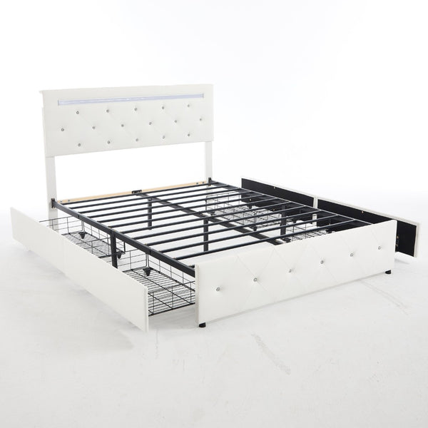 English Elm Queen Storage Bed with Led Lighting Crystal Tufted Pu Leather Headboard Charging Ports White W5722P462460
