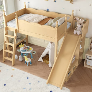 English Elm Twin Loft Bed Solid Pine Frame with Wardrobe Shelving Detachable Slide Kids Room Natural W5305S00017