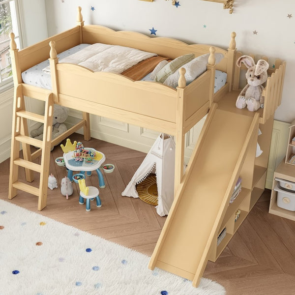 English Elm Twin Loft Bed Solid Pine Frame with Wardrobe Shelving Detachable Slide Kids Room Natural W5305S00017