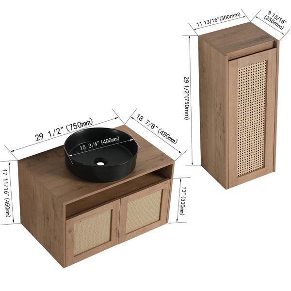 English Elm 30" Floating Bathroom Vanity Set with Ceramic Vessel Sink and Rattan Side Cabinet W999S00496