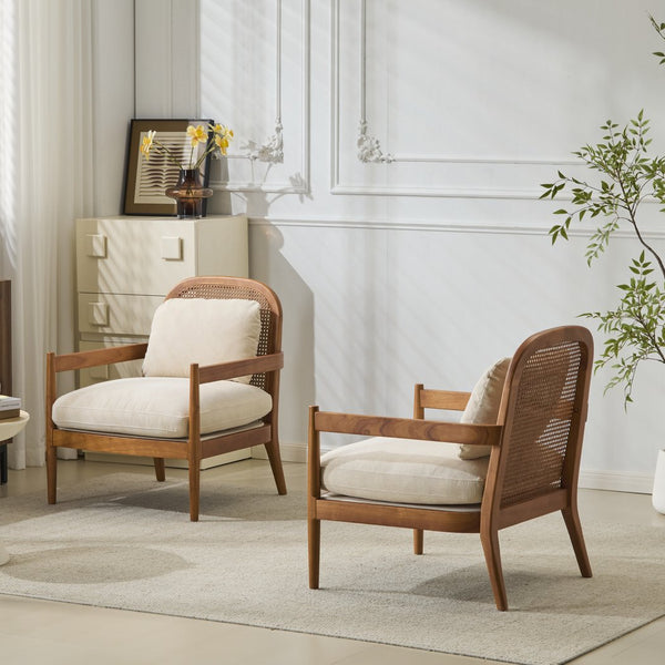 English Elm Christopher Knight Home® - [Set of 2] 26.6" Mid-Century Modern Accent Chair with Solid Wood Frame, Rattan Back and Plush Upholstery Ivory,Walnut N767P298390B