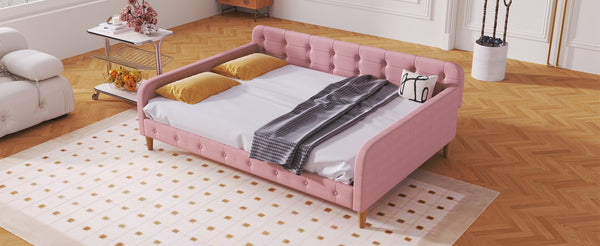 English Elm Full Size Linen Tufted Daybed with Pine Frame for Living or Guest Room Pink DL001825AAH-1