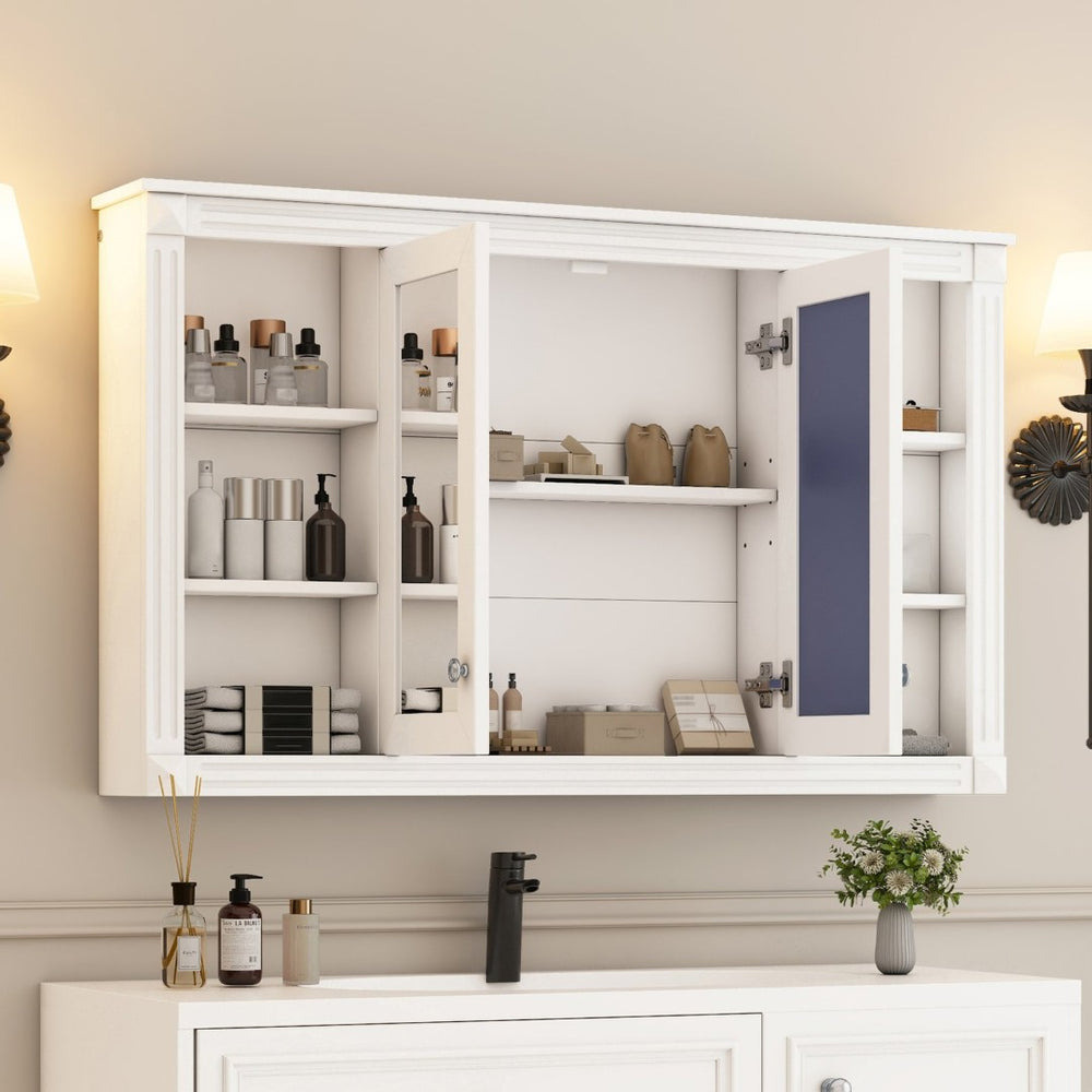 English Elm 47 Inch Wall Mounted Medicine Cabinet with Mirror Open Shelving and Adjustable Storage N710P363550K