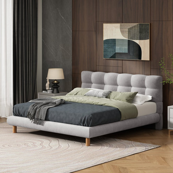 English Elm Christopher Knight Home® - Queen Chenille Upholstered Platform Bed Frame with Cookie Headboard, 12 Slats, Rubber Wood Feet, Grey N769P228497Q