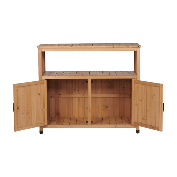 English Elm Wooden Solid Bar Height Buffet Cabinet with Slatted Panels for Patio or Dining Room W2640P330336
