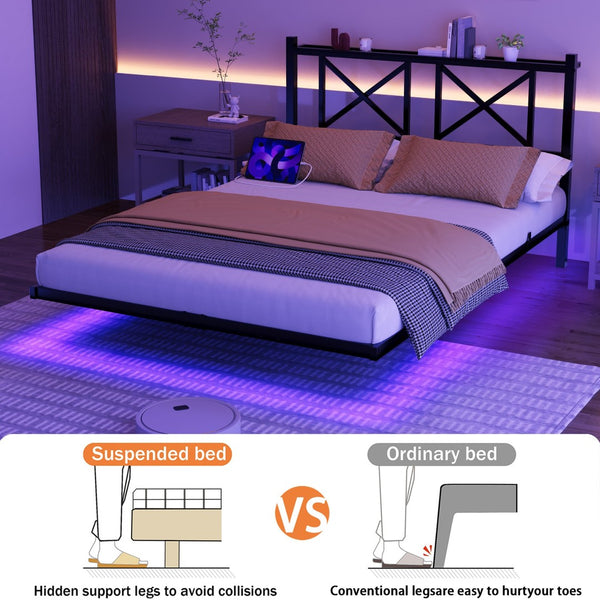 English Elm Full Size Floating Platform Bed with Led Underglow Usb Charging and Storage Headboard W840P383353